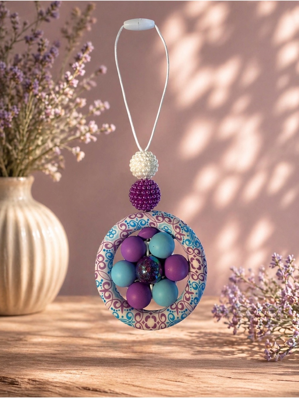 Handmade Round Purple & Teal Beaded Hanging Car Charm